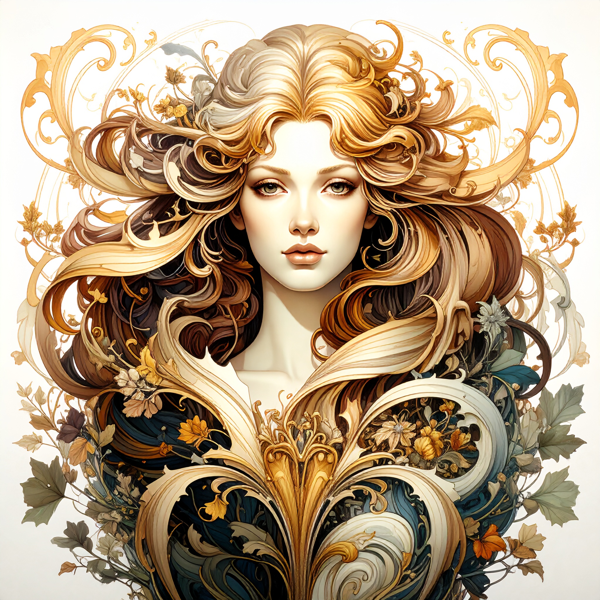 Ein KI Bild von Adobe Firefly, eine Zeichnung einer blonden Frau mit vielen grafischen Elementen.