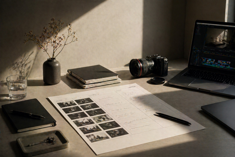 Arbeitsplatz mit Kamera und Notizen bei Sonnenlicht und Schatten.