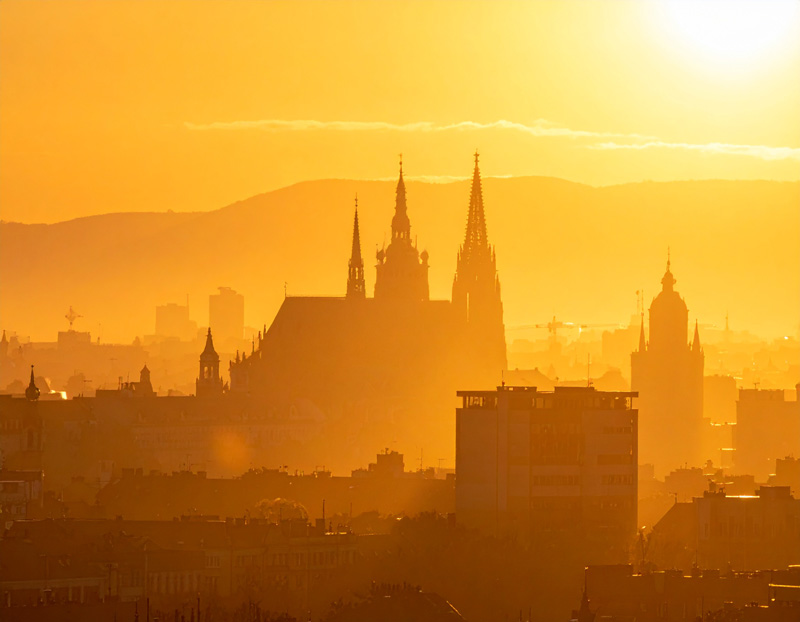 Ansicht einer Stadt beim Sonnenuntergang. Eine Kirche ist im Zentrum des Bildes.